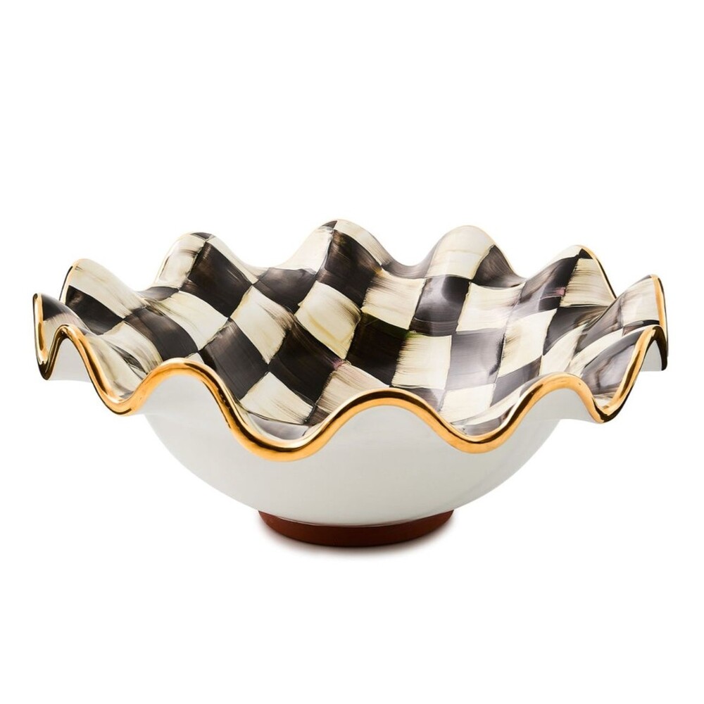 Mackenzie-Childs Courtly Check Ceramic Fluted bowl 14” Hand painted Aurora
